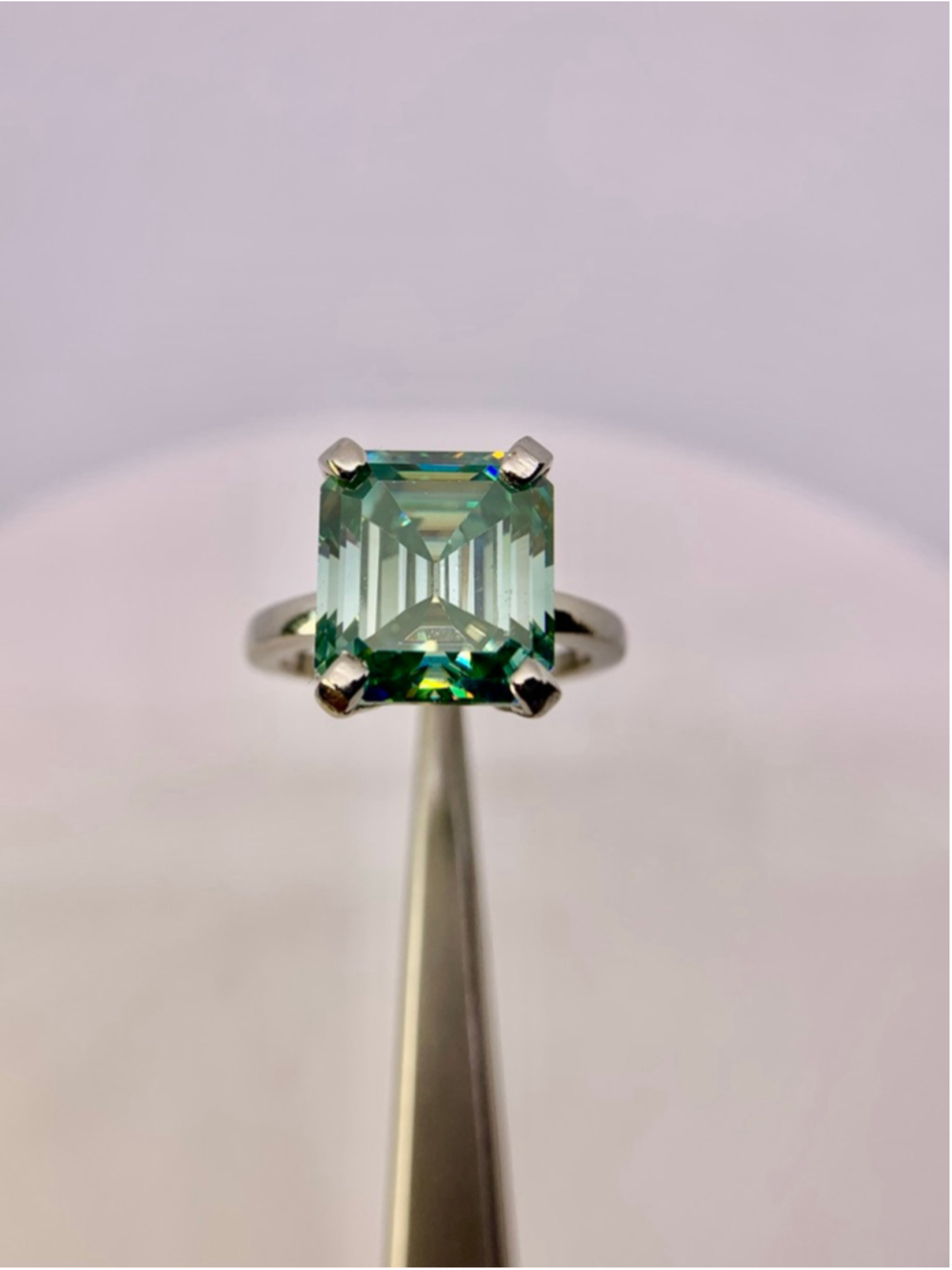 Emerald Cut Moissanite Ring Vivid Blue Green 925 9 Ct